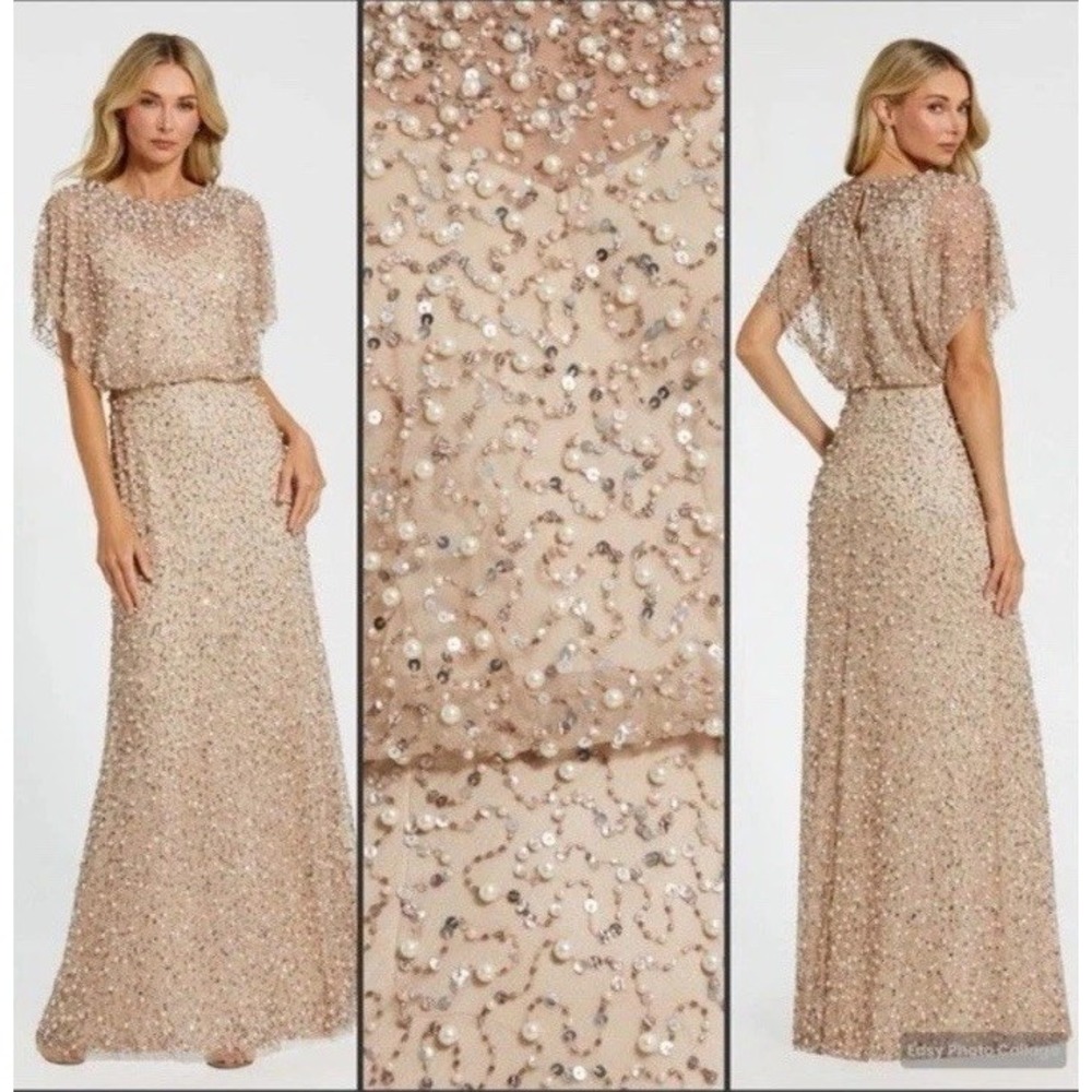 Mac Duggal Champagne Beaded Evening Gown